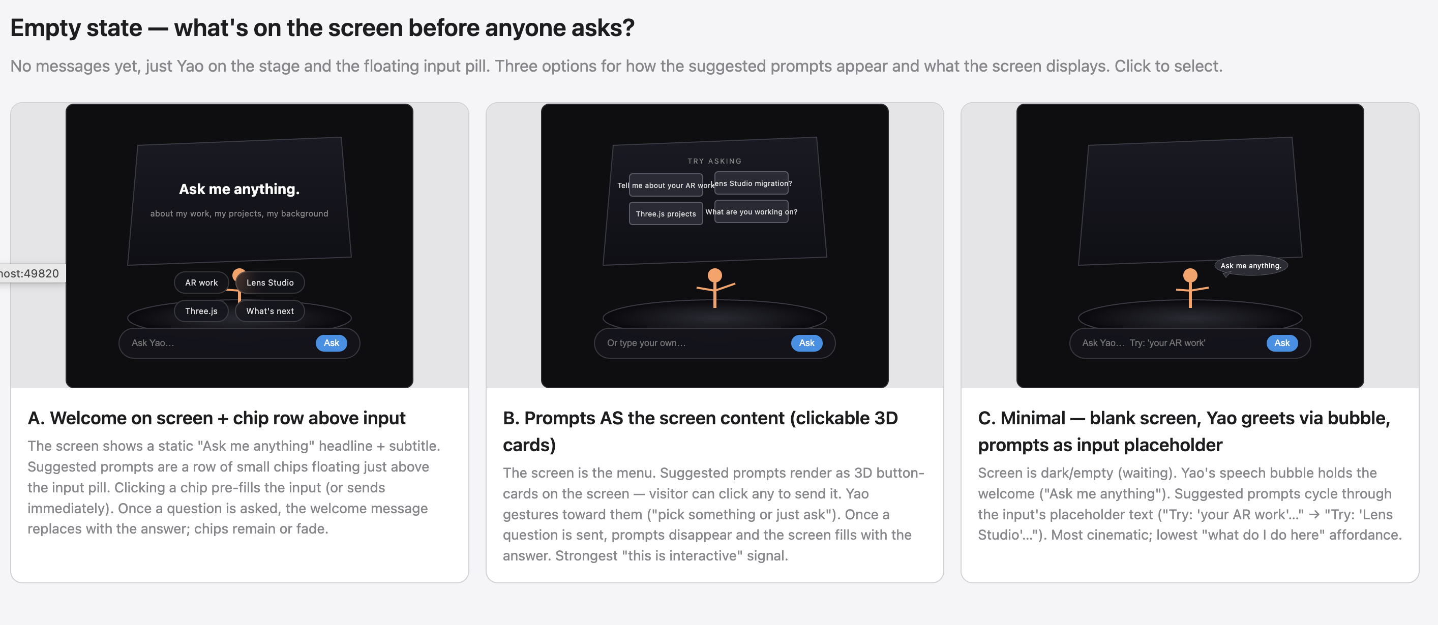 Three empty-state options: A welcome chip row above the input, B prompts rendered as 3D cards on screen, C minimal blank with prompts cycling in the input placeholder