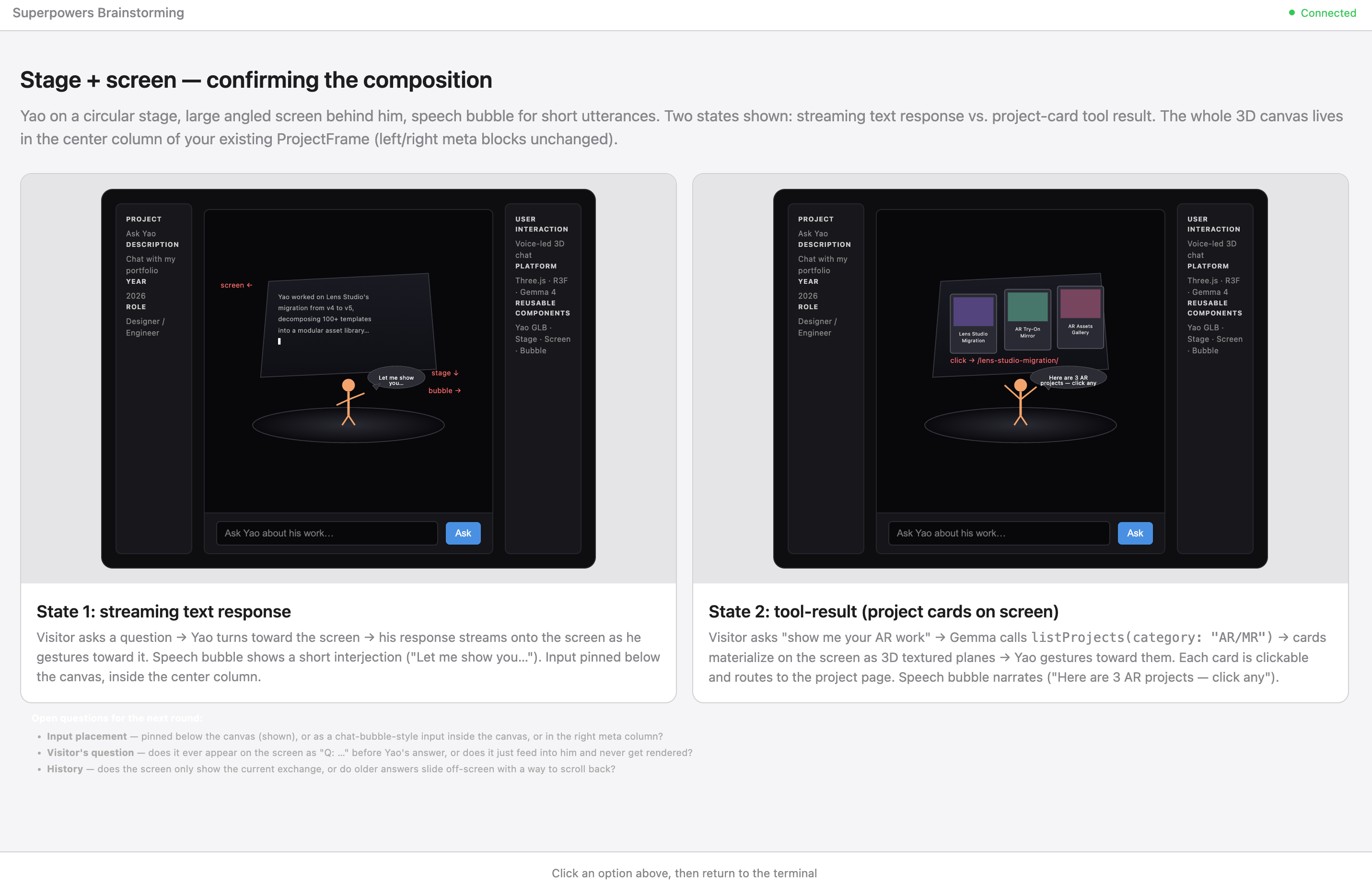 Stage + screen composition mockup: streaming text response on the left, project-card tool result on the right