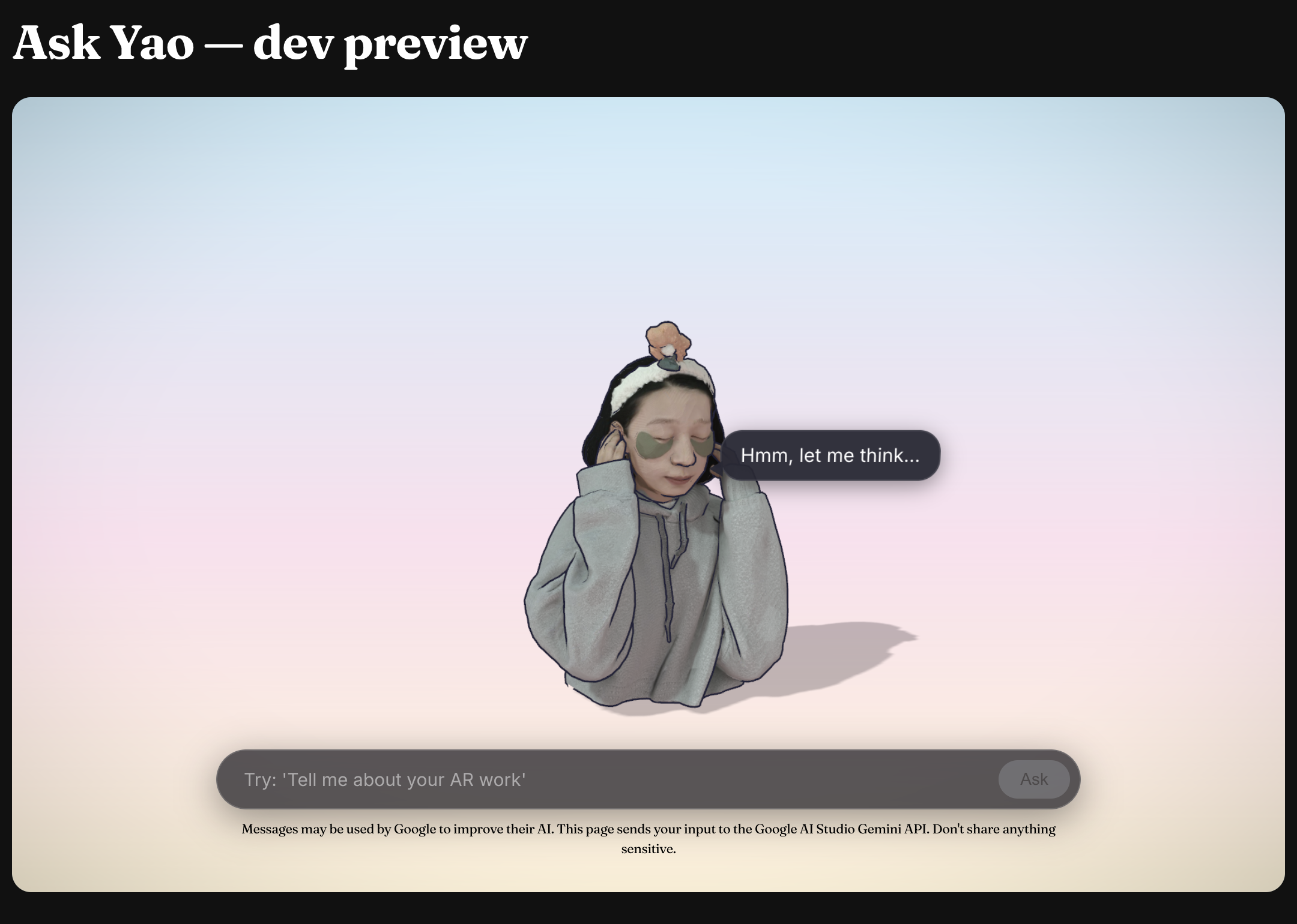 Final design: head-and-shoulders bust against a pastel sunrise gradient, with a glassmorphic input pill at the bottom and a speech bubble next to the head