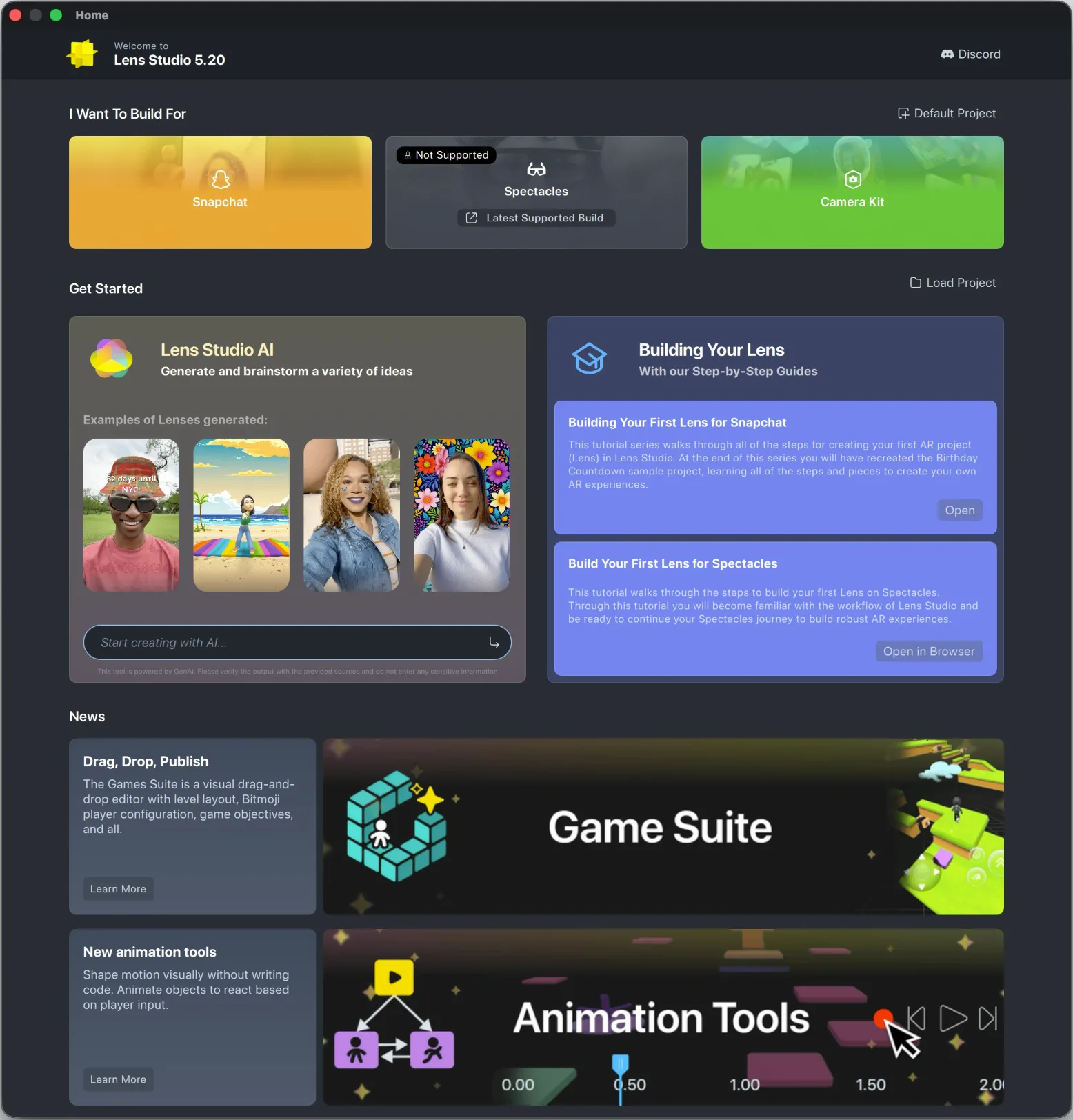Lens Studio 5 Home Page — the entry surface that dispatches creators to their preferred learning door.