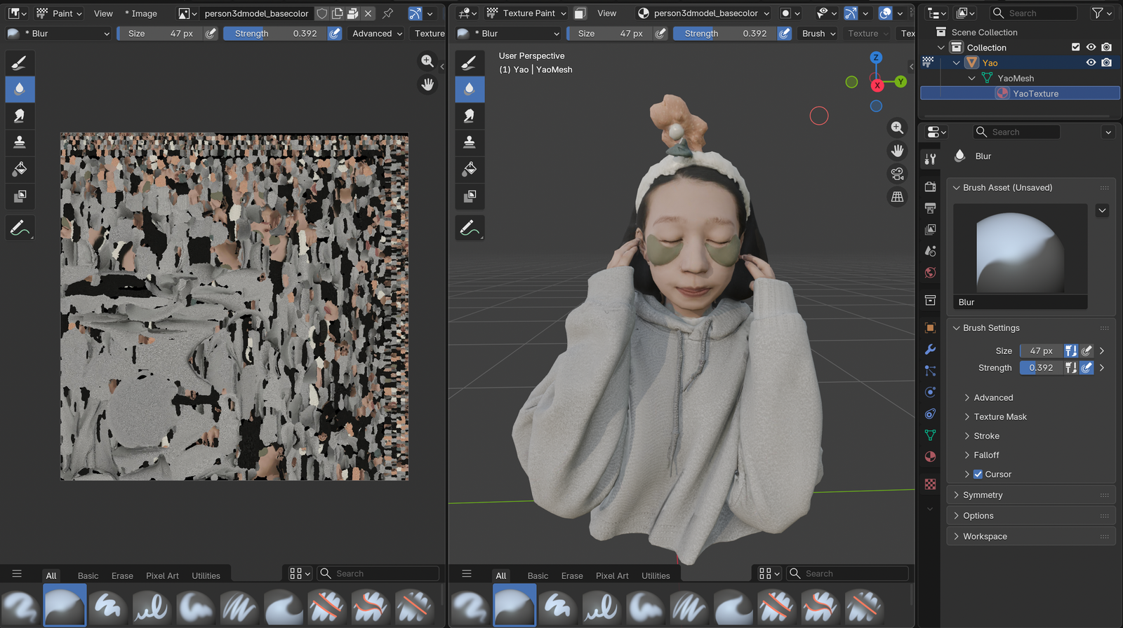 Blender screenshot: texture-paint view of the bust on the left, the rigged 3D viewport on the right showing the head-and-shoulders model in a hoodie and headband — generated with Tripo AI 3D, refined in Blender