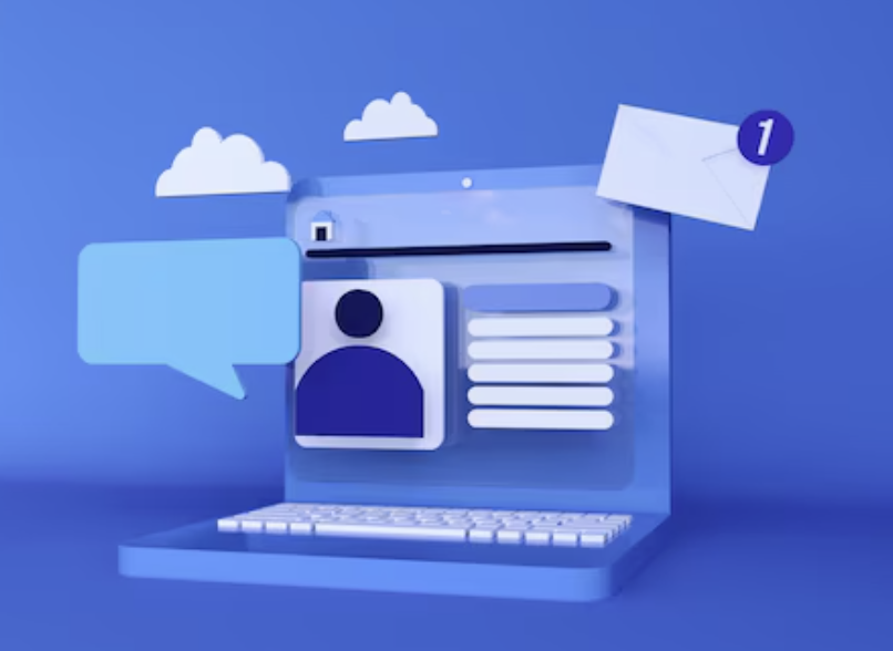 3D chat reference — blue-toned 3D scene with a speech bubble, a profile card, and an envelope notification floating around a laptop