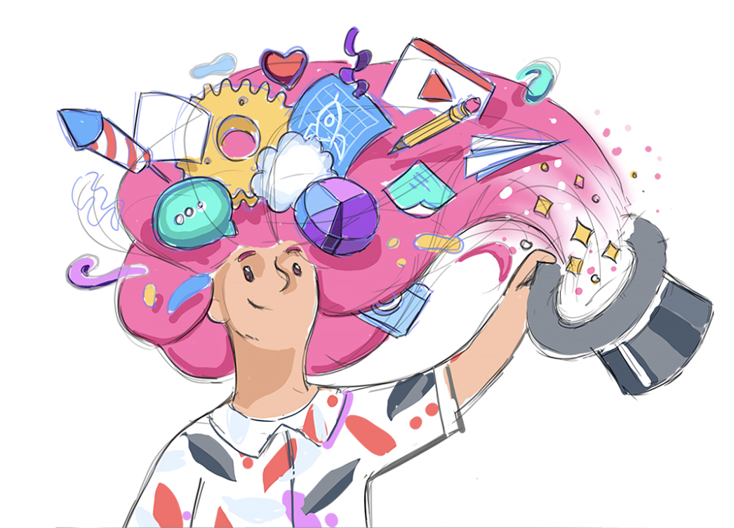 Illustration reference — character with creative tools and cards spilling out of the back of his head, color-saturated