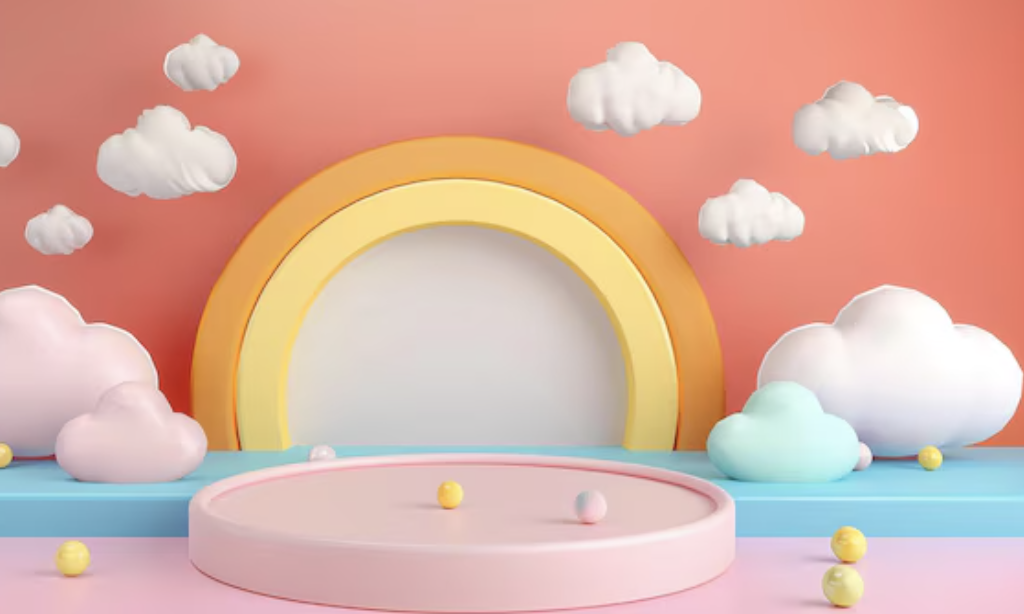 Pastel podium reference — clean staging vignette with arched circular screen and floating cloud props
