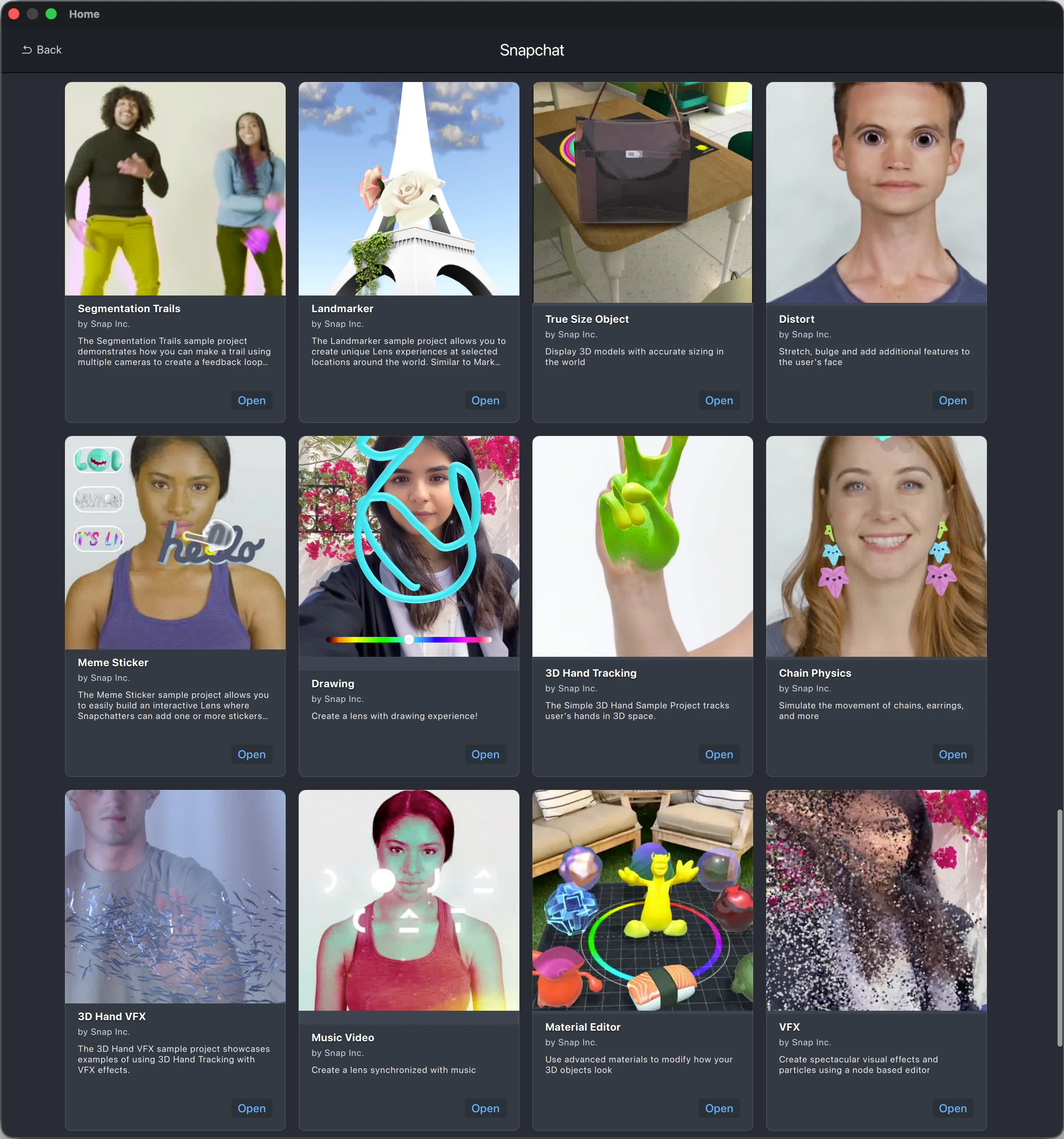 Lens Studio Sample Projects rail in Snapchat — grid of curated samples like Segmentation Trails, Landmarker, True Size Object, etc.
