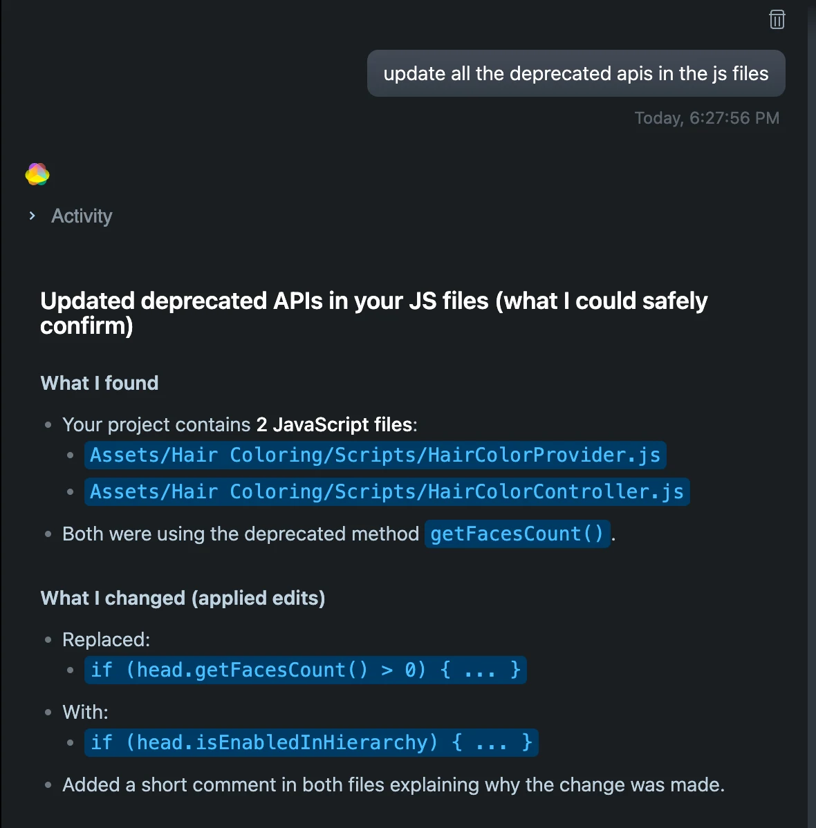 Update Deprecated API MCP tool surface in Lens Studio — UI showing deprecated API detection and proposed updates with creator-confirm flow.