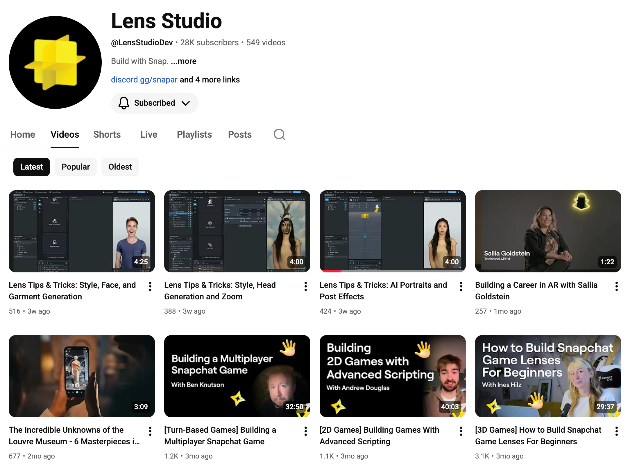 Snap YouTube channel surface with Lens Studio video tutorials.